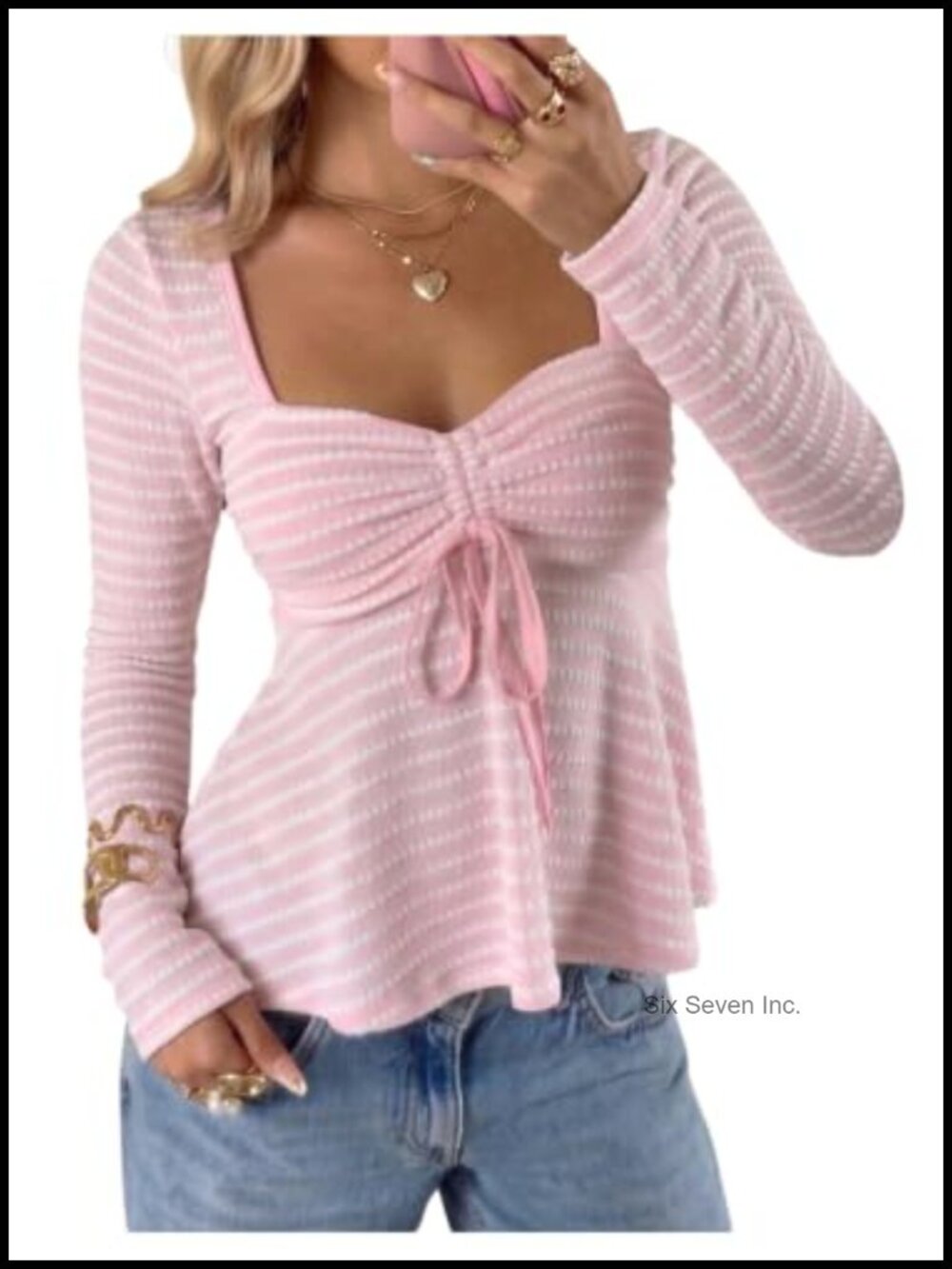 Striped Long Sleeve Babydoll Top Tie Front Peplum Blouse